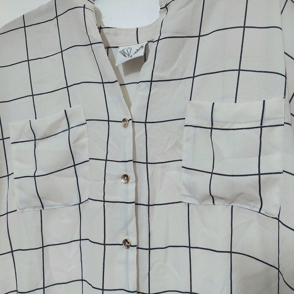 Janet Chung Stylish Grid Pattern Button-Down Shirt XL Hi Low - Picture 2 of 5